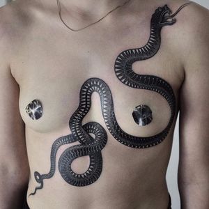 Blackwork snake by Oleksandra Riabicho #OleksandraRiabicho #blackwork #blackandwhite #snake #torso #tattoooftheday