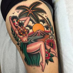 Beach pinup girl traditional tattoo by @jacobdoneytattoo #jacobdoneytattoo #traditional #traditionaltattoo #envisiontattoostudio #pinup #girl #girltattoo