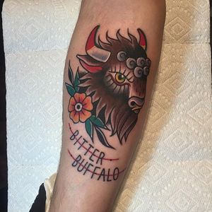Buffalo Tattoo by Emily Elinski #Buffalo #BuffaloTattoo #Bison #AmericanTraditional #Traditional #EmilyElinski