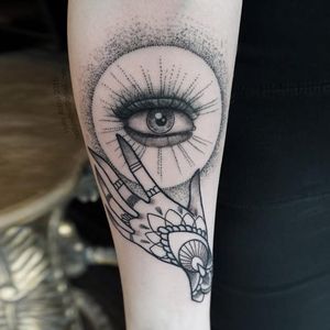 Eye and hand tattoo by Holly Astral #HollyAstral #eye #sacred #mandala #dotwork