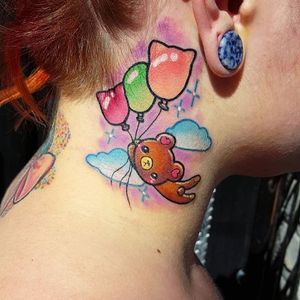 Kawaii teddy and balloons behind the ear tattoo by Mewo Llama. #kawaii #cute #pastel #teddy #teddybear #balloons #MewoLlama