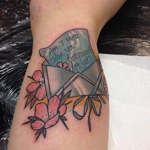Letter tattoo by Jody Dawber. #JodyDawber #tattooartist #uk #england #fob #falloutboy #lyrics #letter #band