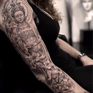 Samsara by Juncha #Juncha #realism #realistic #illustrative #portrait #lady #KwanYin #Buddha #cherryblossom #lotus #jewelry #jewels #hands #mandala #nature #buddhism #samsara #tattoooftheday