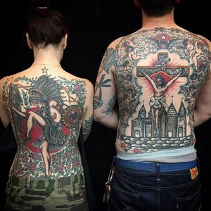A couple of back pieces off of Bert Grimm designs by Pete Chilly. (Via IG - chillypete)