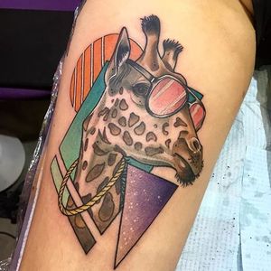 Giraffe showing off its bling. Tattoo by The Leisure Bandit. #80s #giraffe #neotrad #neotraditional #TheLeisureBandit #BrodiePedersen