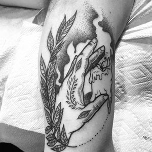 Beautiful tattoo by Marie-Christine Gauthier #MarieChristineGauthier #monochrome #monochromatic #blackwork #dotwork #candle #hand #leaf