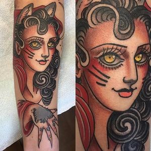 Cat lady tattoo by Lizzie Renaud. #LizzieRenaud #neotraditional #feline #cat #catgirl #catlady #catwoman