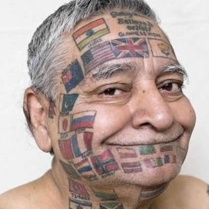 I'd like to think this guy lost his passport, but a helpful customs agent was just like, "Right, mate. We'll get this sorted." #facetattoo #flags