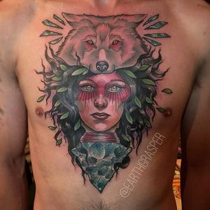 Wolf Girl Tattoo by Jonathan Penchoff @Earthgrasper #Earthgrasper #JonathanPenchoff #Neotraditional #Girl #Wolf