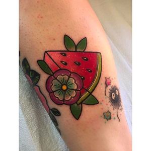Pretty Watermelon blossom tattoo by Deanna @Deannalovetatto #Deannalovetattoo #Watermelon #WatermelonTattoo #Fruit #traditional