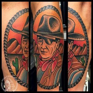 John Wayne Tattoo by Myke Chambers #johnwayne #johnwaynetattoo #wildwest #hollywood #hollywoodtattoos #movie #films #movietattoos #cowboy #MykeChambers