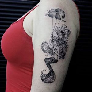 Poetic mermaid tattoo by Bruno Almeida #blackwork #mermaid #BrunoAlmeida #planets #mermaidtattoo