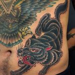 Solid wolf tattoo done by Graham Beech. #GrahamBeech #NeoTraditional #AnimalTattoos #wolf #stomachtattoo
