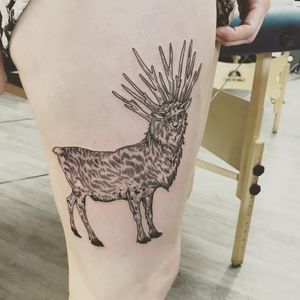 Forest Spirit tattoo by Tina Lugo #TinaLugo #linework #blackwork #StudioGhibli #princessmononoke #forestspirit #forest #spirit #animal #anime #Japanese #deity