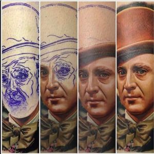 Stunning photo realism at it's best. Tattoo by James at Celtic Moon tattoo #WillyWonka #RoaldDahl #chocolate #movie #retro #childhood #photorealism