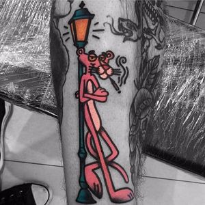 Pink Panther tattoo by Ozzy Ostby. #OzzyOstby #traditionalamerican #trads #traditional #pinkpanther