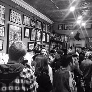 The crowd inside New York Hardcore Tattoo during its recent art show (IG—nyhctattoos). #artshow #fineart #music #NewYorkHardcoreTattoo #OnlyOneFuckingNewYorkCity
