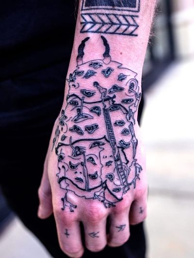 Portrait tattoo by Julian Llouve. #JulianLlouve #blackwork #linework #illustrative #surreal #eyes #portrait #eyeballs #hannya #horns #ladders #face #bodies