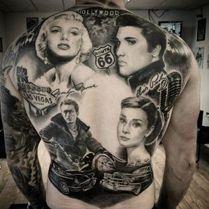 Black and grey tattoos of portraits by Rob Steele #RobSteele #blackandgrey #realism #elvis #portrait #vegas #marilynmonroe #celebs #celebrities #audreyhepburn #hollywood
