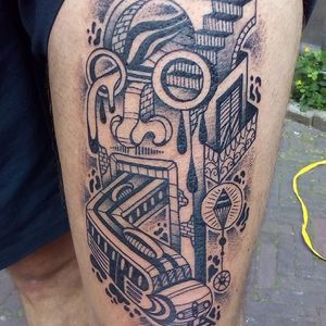 Train Tattoo by Marceloco #train #transport #city #building #blackwork #abstractblackwork #blckwrk #blackink #contemporaryblackwork #contemporary #Marceloco