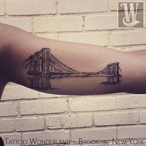 Sketch style Brooklyn Bridge tattoo by Timur Zakiev. #illustrative #blackwork #linework #sketchy #TimurZakiev