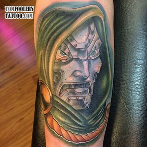 Doctor Doom Tattoo by Tom Foolery #DoctorDoom #VillainTattoo #MarvelTattoo #FantasticFour #ComicTattoos #TomFoolery