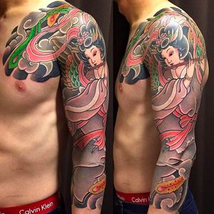 Beautiful Tennin sleeve tattoo done by Ryo Niitsuma. #RyoNiitsuma #DMStattoo #JapaneseTattoo #horimono #tennin #japanese #japanesesleeve