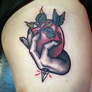 Apple tattoo by Swan. #Swan #SwanTattooer #neotraditional #neotrad #apple #arrow