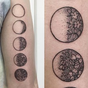 Flower tattoos by Ayako Junko Osaki #AyakoJunkoOsaki #linework #etching #woodcut #blackwork #flowers #moon (Photo: Instagram @ajunkysock)