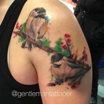 Watercolor chickadees perched on a branch. Tattoo by Ryan Tews. #watercolor #sketchy #illustrative #bird #chickadee #RyanTews