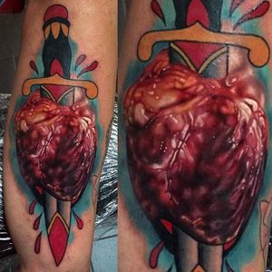 Mash-up anatomical heart tattoo by Yogi Barrett. #YogiBarrett #mashup #anatomicalheart #colorrealism #hyperrealism #dagger