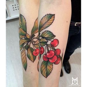 Cherry tattoo by Morgan Jeane. #cherry #fruit #sweet #neotraditional #morganjeane