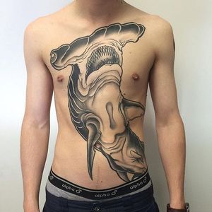 Going shirtlessjust got a whole lot more scary. Tattoo by Daniel Formentin. #blackandgrey #DanielFormentin #neotraitional #shark #hammerheadshark