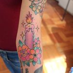 Cute light o my life. Tattoo by Karina Marchant #KarinaMarchant #candletattoos #color #newschool #traditional #mashup #candle #flame #fire #light #sparkle #stars #rose #daisy #flowers #floral #cute #leaves #nature