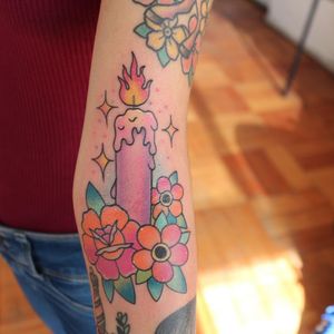 Cute light o my life. Tattoo by Karina Marchant #KarinaMarchant #candletattoos #color #newschool #traditional #mashup #candle #flame #fire #light #sparkle #stars #rose #daisy #flowers #floral #cute #leaves #nature
