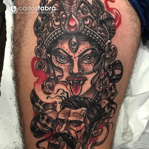 Kali Tattoo by Carlos Fabra #kali #neotraditional #neotraditionalartist #redandblack #twocolor #CarlosFabra