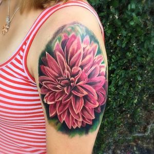 Color realism dahlia tattoo by Cal Tattoo. #dahlia #flower #realism #colorrealism #CalTattoo #floral #dahliaflower