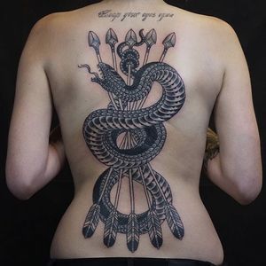 Snake on the back. (via IG - victorjwebstertattoo) #linework #victorjwebster #blacktattoo #lines #decorative #creatures #snake