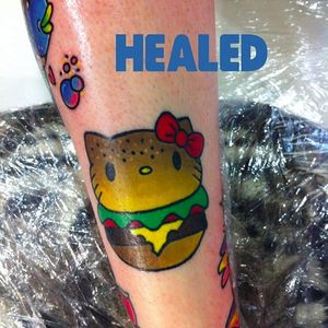 Hello kitty burger tattoo by @roxyryder #roxyryder #burger #hellokitty #Alchemytattoostudio #UK