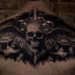 Badass winged skull tattoo by Bacanu Bogdan #BacanuBogdan #blackandgrey #realistic #skull #wings
