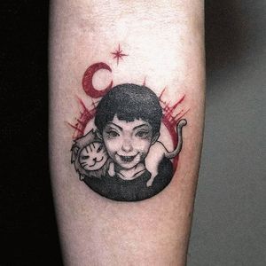 Black and red illustration tattoo by Zihae. #southkorean #southkorea #zihae #blackandred #red #illustrative #boy #cat