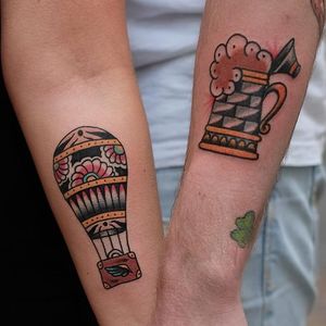 Tattoo flash style beer piece by Augusto Rodriguez. #traditional #flash #tattooflash #beer #hotairballon #AugustoRodriguez