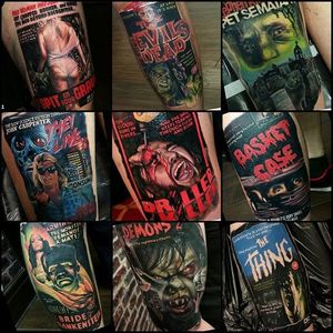 A collage of many of the movie poster tattoos that Alex Wright (IG—thealexwright) has produced. #AlexWright #awesome #cultclassics #color #movieposters #realism