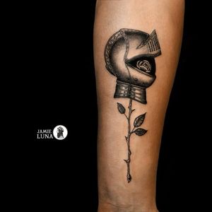 Poetic tattoo by Jamie Luna #JamieLuna #blackwork #rose #knight #helmet