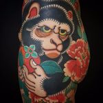 Japanese monkey by Raphael Tiraf #RaphaelTiraf #Japanese #traditional #mashup #monkey #peony #flowers #leaves #nature #color #tattoooftheday