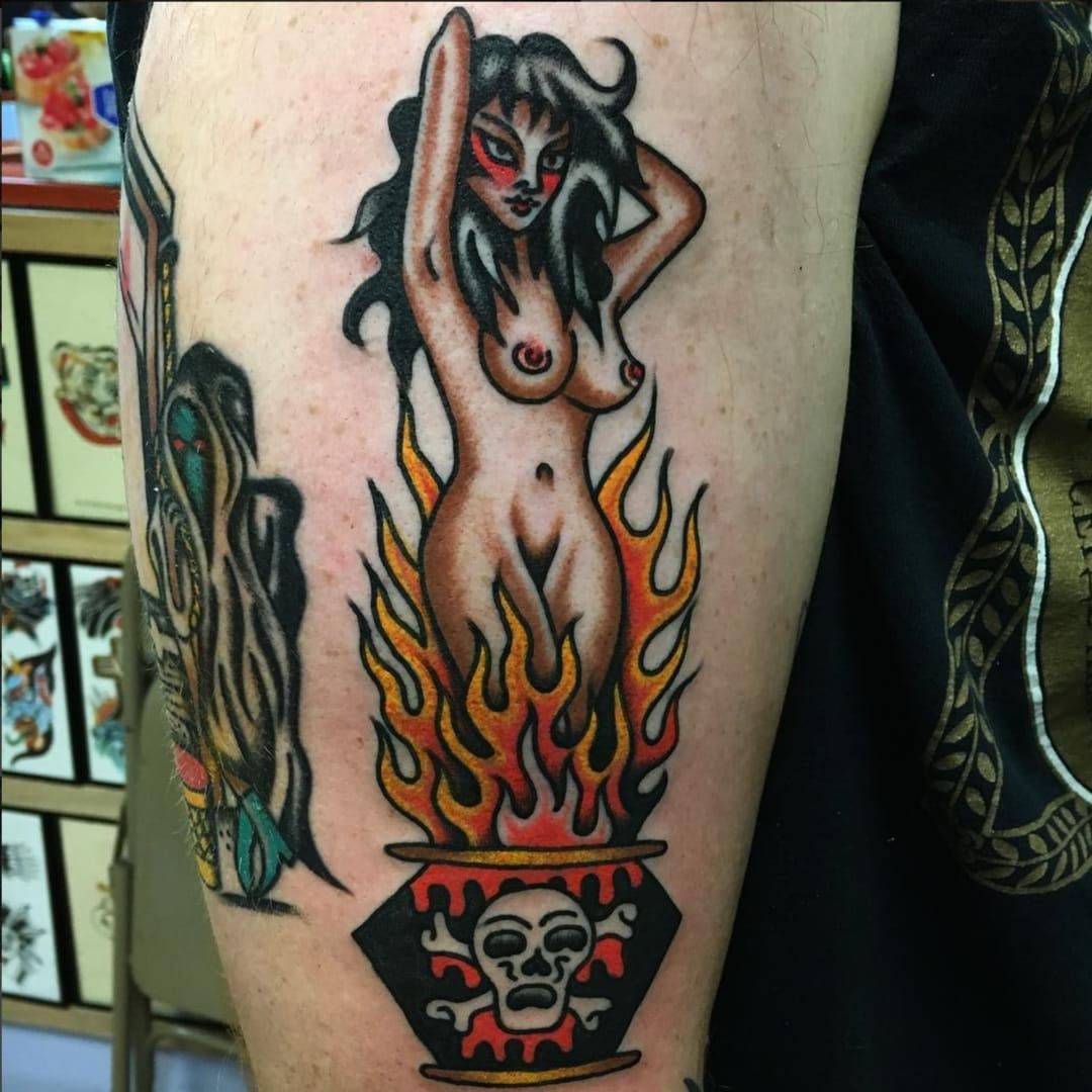 Witch burning at the stake tattoo