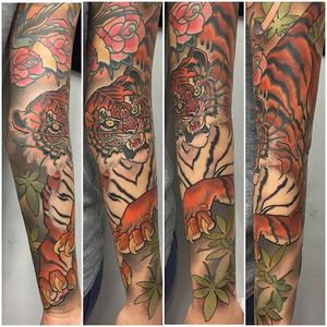 Tiger Sleeve Tattoo by Hamish Mclauchlan #tiger #neotraditionaltiger #neotraditionalanimal #animal #neotraditional #HamishMclauchlan