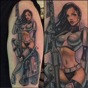 Star Wars pin-up tattoo by Matt Difa #MattDifa #newschool #geek #pinup #starwars #r2d2