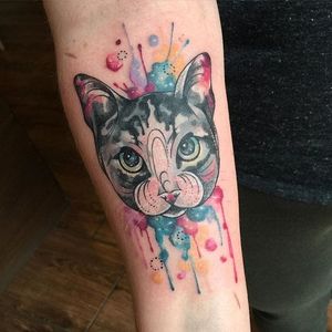 Multi-color Watercolor cat tattoo by Clare Lambert. #watercolor #ClareLambert #cat #animal
