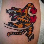Solid swingin' tiger tattoo done by Mark Cross. #MarkCross #rosetattooNYC #TraditionalTattoo #BoldTattoos #tiger #boxer